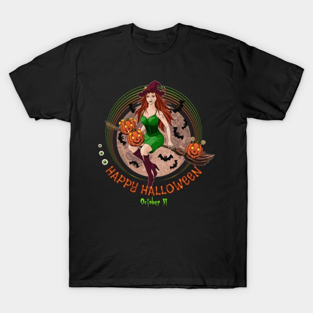 Pretty witch flying on broomstick T-Shirt by OA_Creation